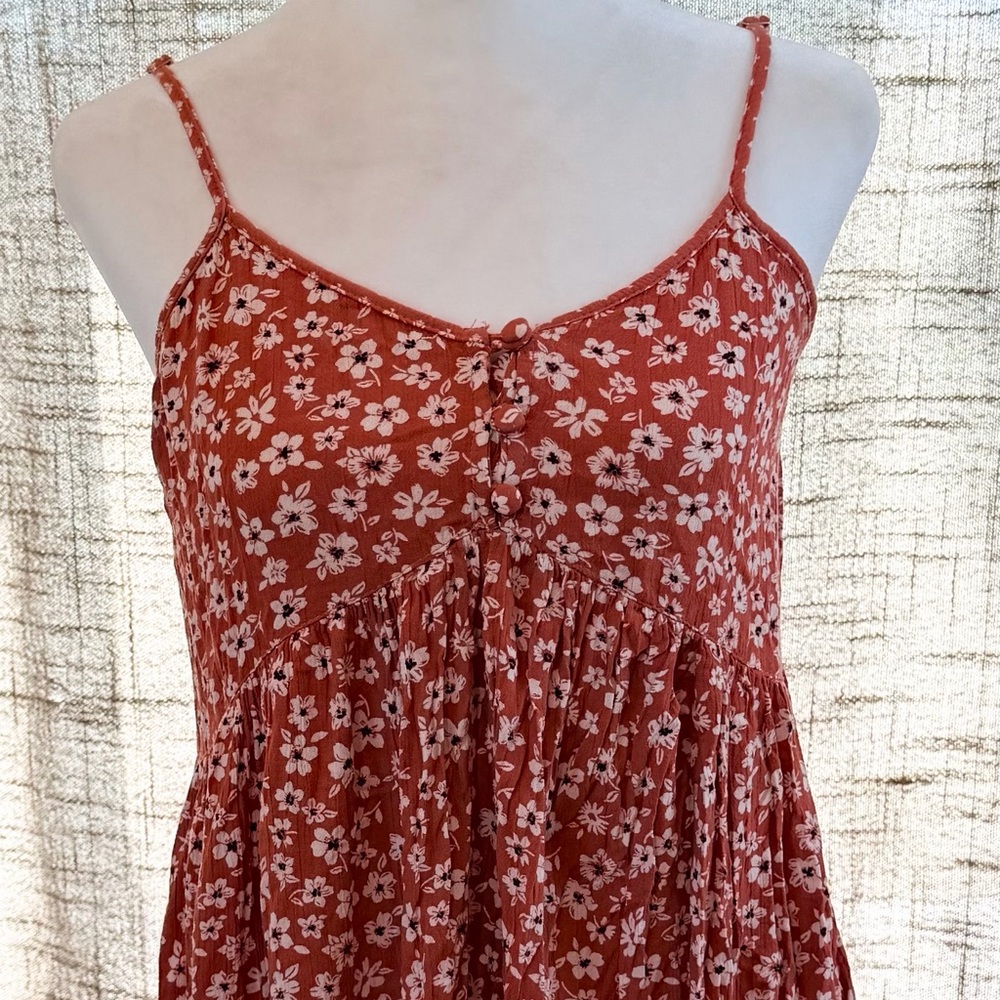 Rust Floral Button-Front Sundress with White Flowers